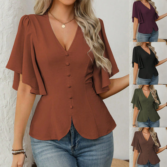 Damen elegante Bluse mit Glockenärmeln und Knopfdetail EB