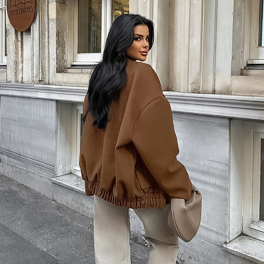 Damen Oversized Fleece-Jacke mit Druckknopfverschluss und seitlichen Taschen EB