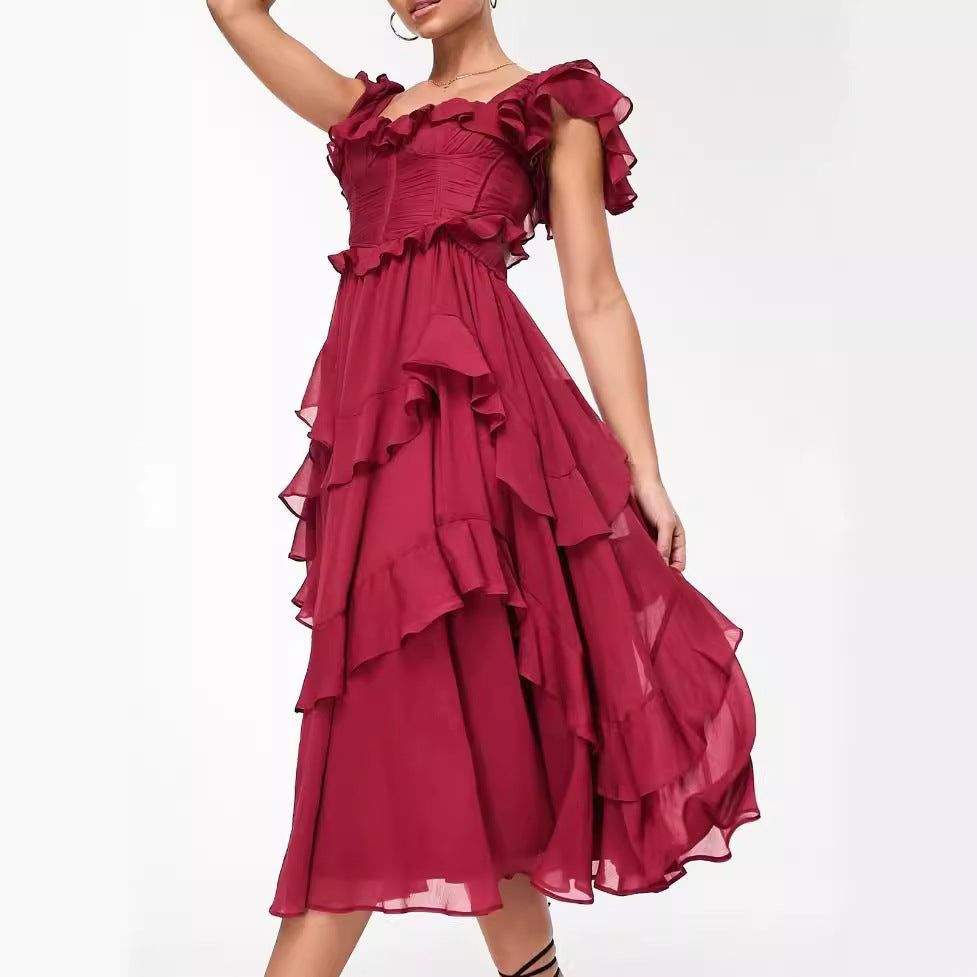 Damen Rüschen Maxikleid mit fließendem Schnitt und romantischem Design EB