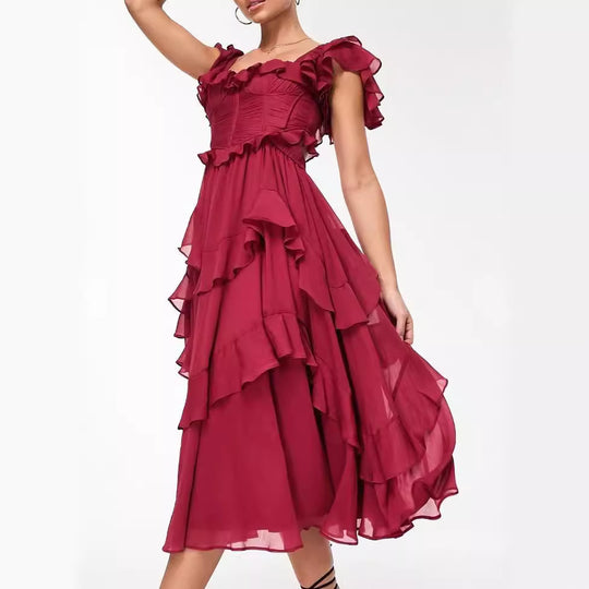 Damen Rüschen Maxikleid mit fließendem Schnitt und romantischem Design EB