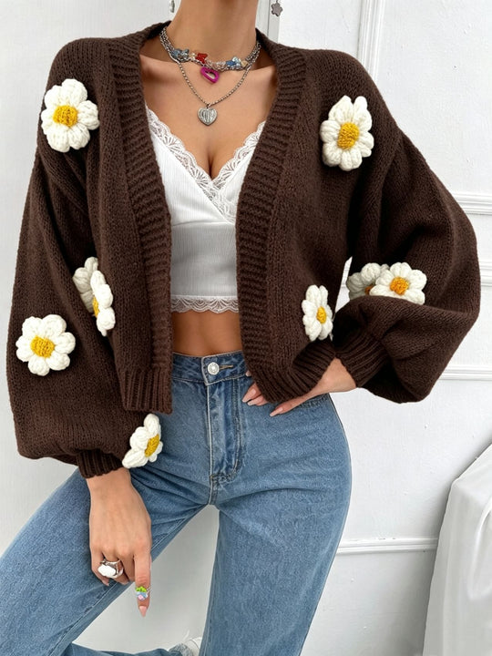 Damen Kurzgeschnittener Grobstrick-Cardigan mit 3D-Blütenapplikationen EB