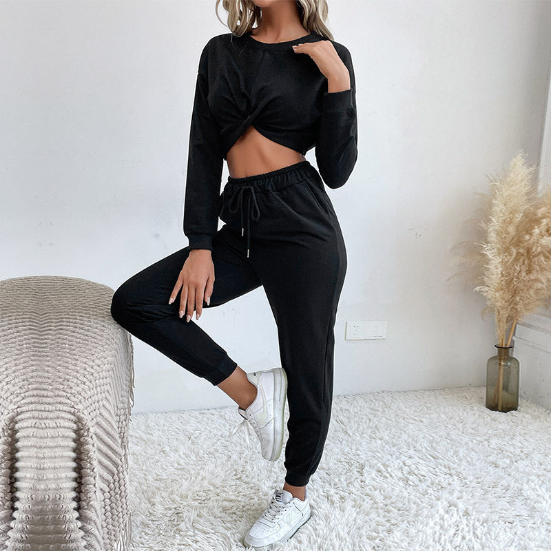 Damen Lässiger zweiteiliger Jogginganzug mit cropped Oberteil und flexibler Taille EB