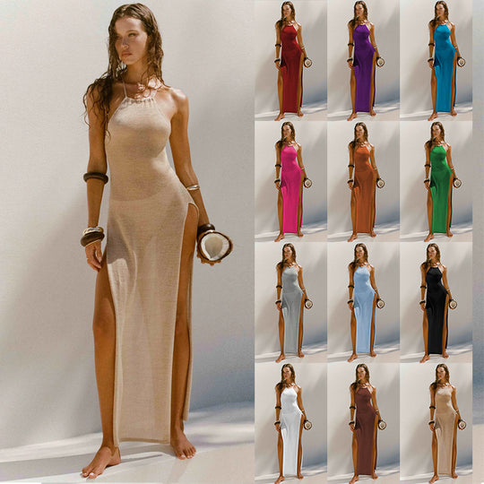 Damen feines Maxikleid mit hochglänzendem Schlitz EB