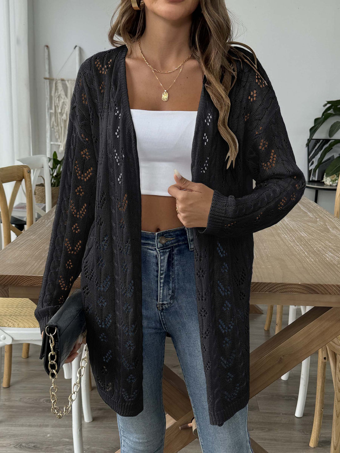Damen luftiger Strickcardigan mit filigranem Lochmuster EB