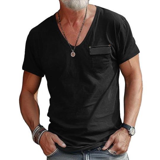 Herren V-Ausschnitt T-Shirt mit dekorativer Brusttasche und attraktiver Struktur EB