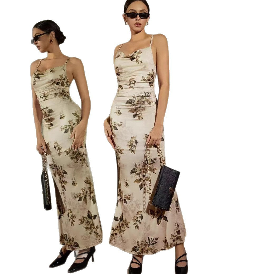 Damen Elegantes Maxikleid mit floralem Dekor und Raffungen EB