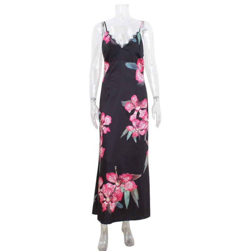 Damen Maxikleid mit floralem Seiden-Effekt und feinen Spaghettiträgern EB