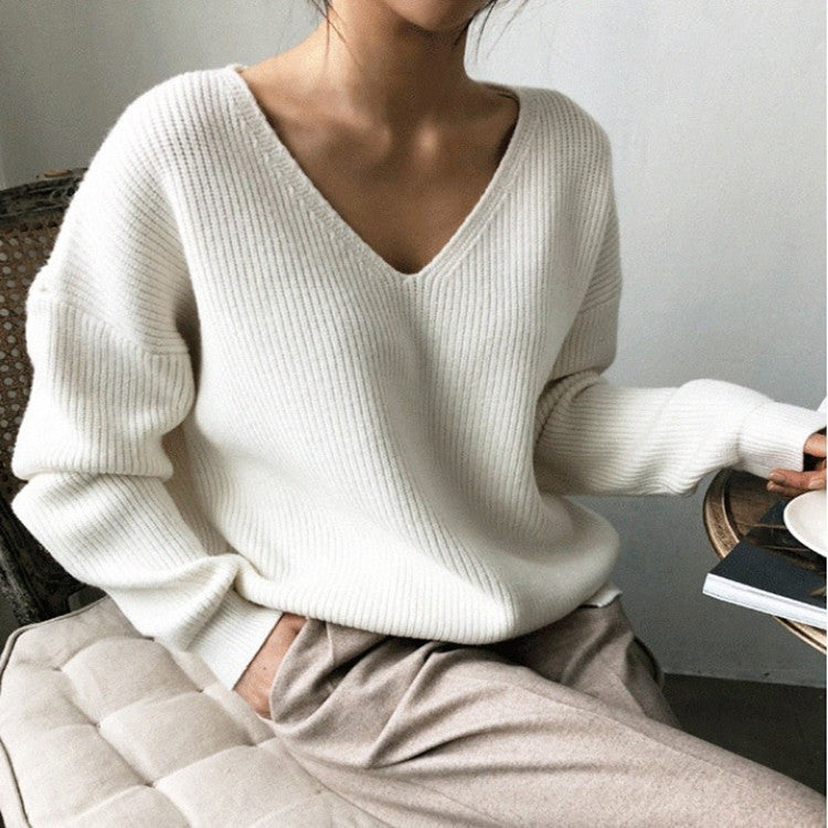 Damen Grob gestrickter V-Ausschnitt Pullover mit lässiger Passform und Volumenärmel EB