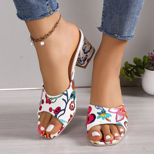 Damen elegante Mules mit floralem Design und komfortablem Blockabsatz EB