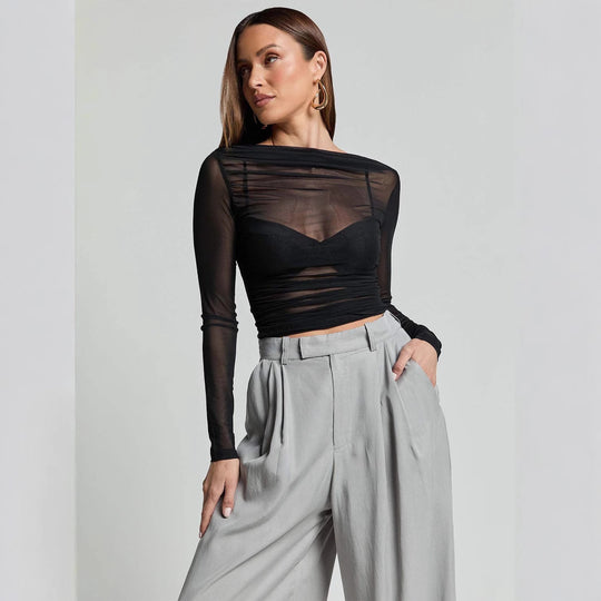 Damen Elegantes Langarmoberteil mit transparentem Mesh und Raffung EB
