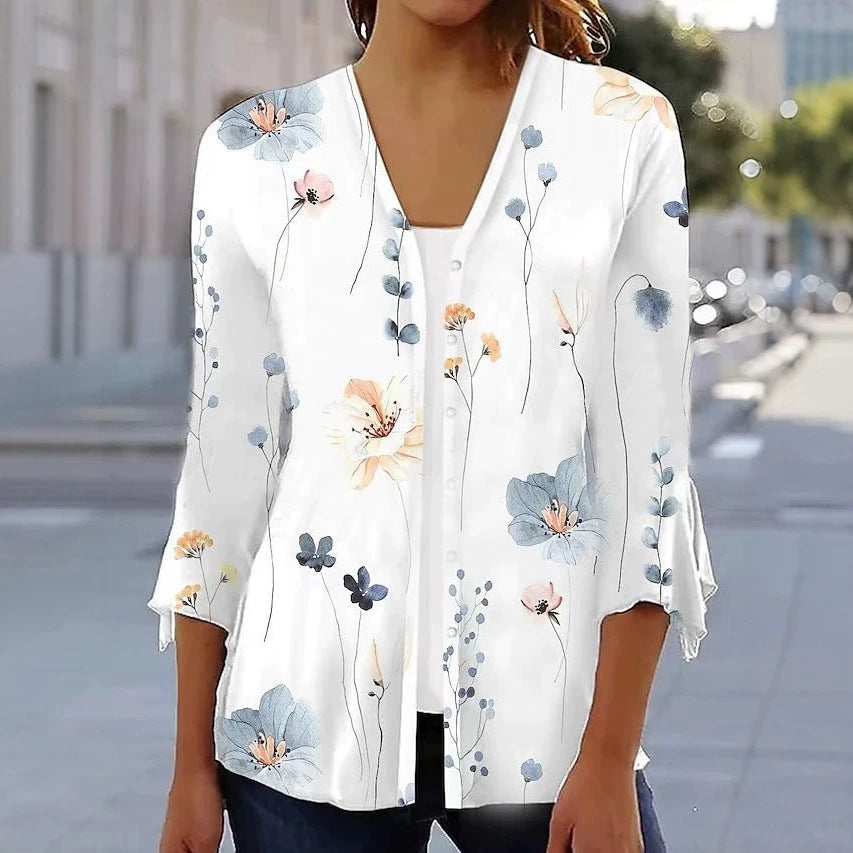 Damen nan leichte Chiffonbluse mit Aquarellblumenprint, V‑Ausschnitt, Knopfleiste und dreiviertelärmeln EB