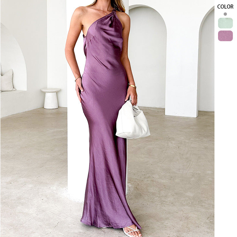 Damen Elegantes Maxikleid mit asymmetrischem Träger und fließendem Satinfall EB