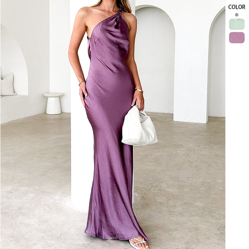 Damen Elegantes Maxikleid mit asymmetrischem Träger und fließendem Satinfall EB