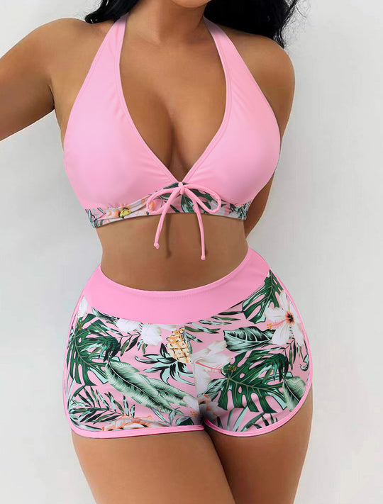 Damen Sportlicher Bikini-Shorts-Set mit neckholder Oberteil EB