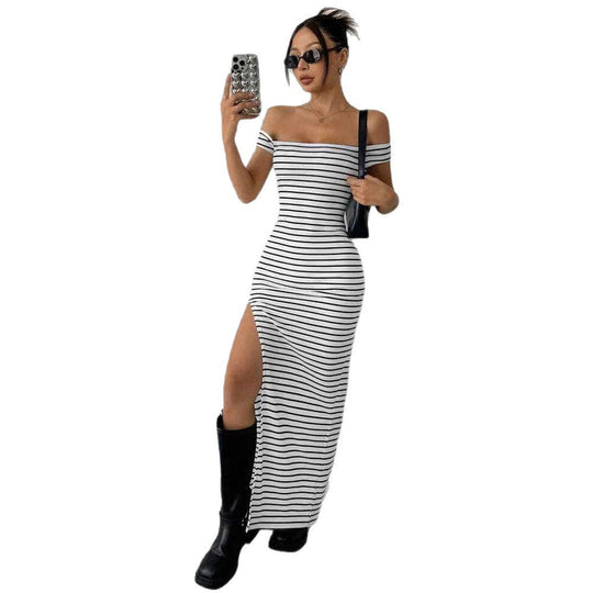 Damen Figurbetontes Kleid mit Off-Shoulder-Ausschnitt und Schlitz EB
