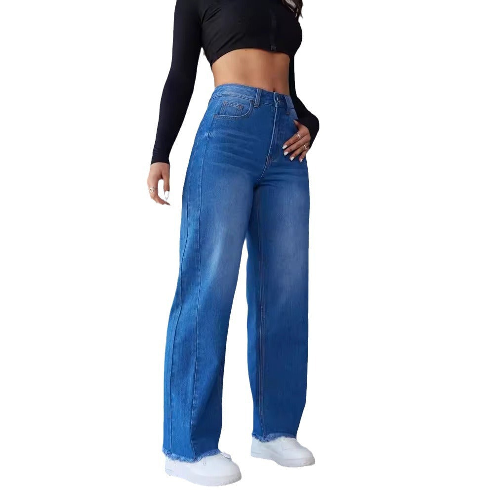 Damen Hochtaillierte Mom-Jeans mit lässigem Schnitt und fransigem Saum EB