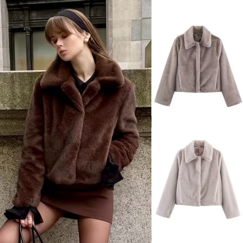 Damen nan kurz geschnittene vegane Webpelz-Jacke mit breitem Umlegekragen und verdeckter Druckknopfleiste EB
