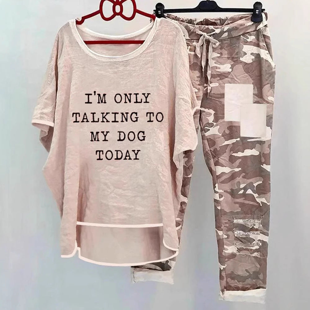 Damen nan weites Freizeit-Set mit Spruchaufdruck, weit geschnittenem Langshirt und Camouflage-Jogginghose EB