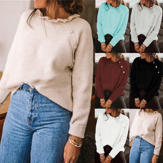 Damen Rippstrickpullover mit Rüschenkragen und seitlicher Knopfleiste EB