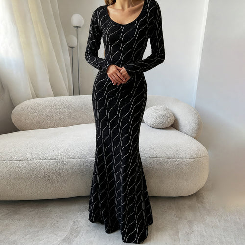 Damen nan langärmeliges Bodycon-Mermaid-Abendkleid mit Wellen-Strassbesatz EB
