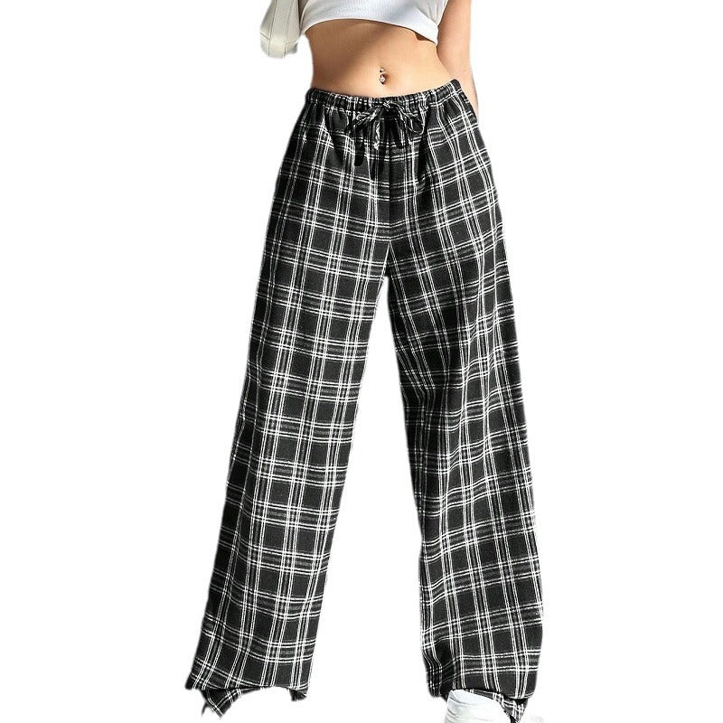 Damen weite Karo-Hose aus angenehmem Baumwollstoff mit Gummibund und seitlichen Taschen EB