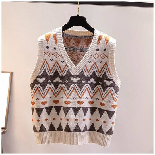 Damen Strickweste mit V-Ausschnitt und geometrischem Muster EB