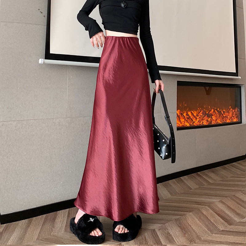 Damen  eleganter Midirock aus Satin mit A-Linie und nahtlosem Bund EB
