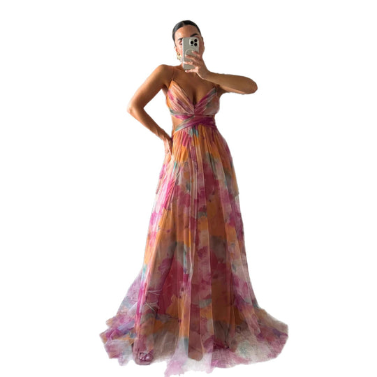 Damen Maxikleid mit floralem Chiffon-Design und eleganter Taillierung EB