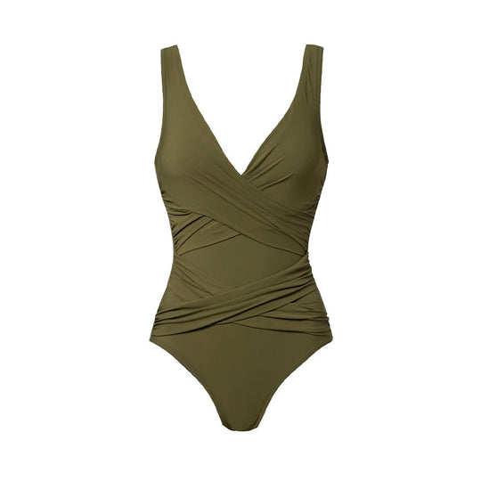 Damen Einteiler Badeanzug mit modischem Wickeldesign und elastischen Rüschendetails EB