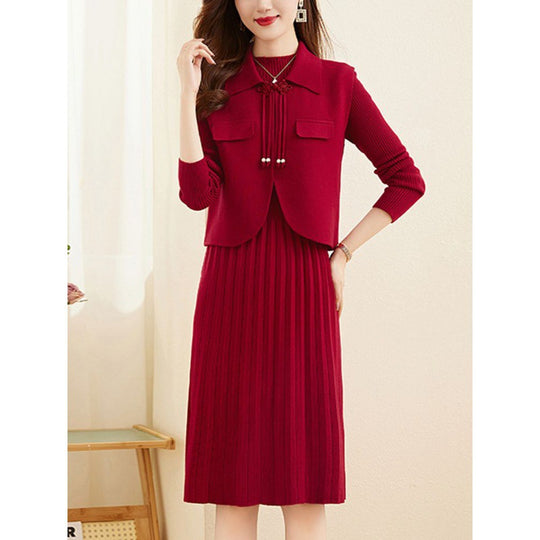Damen Strickkleid mit kombiniertem Blazer-Design und feiner Rippstruktur EB