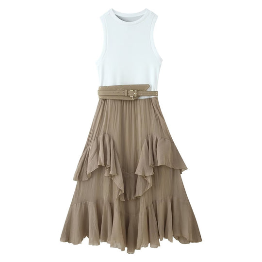 Damen Maxikleid mit raffiniertem Rüschendesign und elegantem Gürtel EB