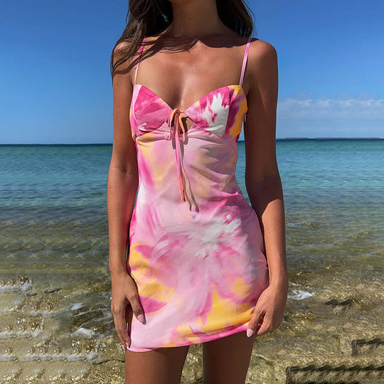 Damen figurbetontes Sommerkleid mit trägerlosem Design und verführerischem Krawattenverschluss EB