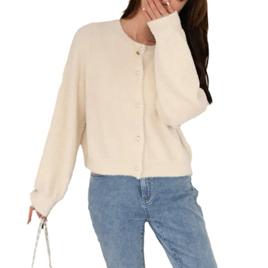 Damen Kurzgeschnittener Flauschiger Strickcardigan mit Perlenknöpfen EB