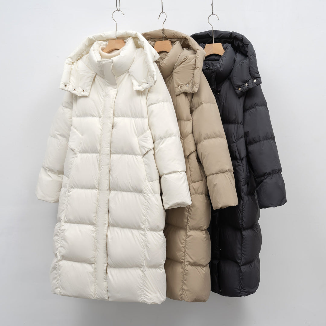 Damen Lange Daunenjacke mit verstellbarer Kapuze und luxuriösem Innenfutter EB