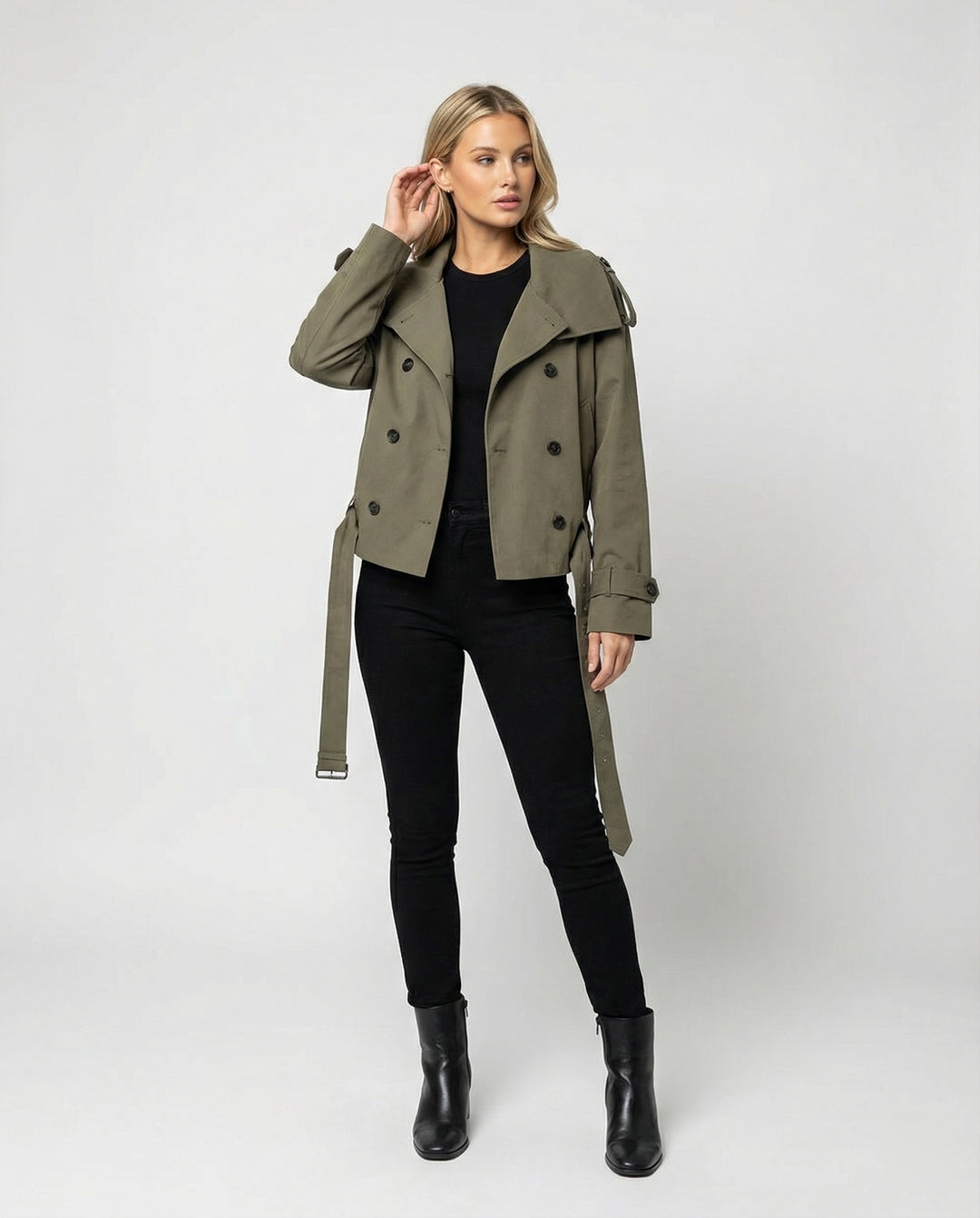 Damen Herrenmode kurze doppelt geknöpfte Trenchjacke mit Taillengürtel weitem Kragen und Schulterklappen EB