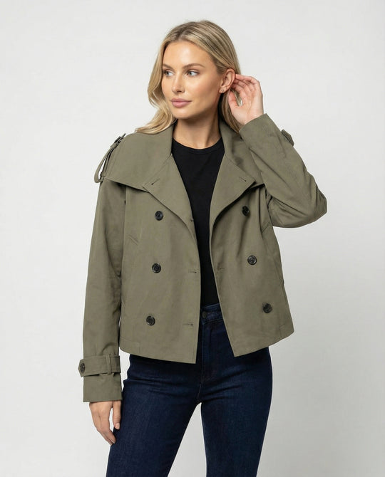 Damen Herrenmode kurze doppelt geknöpfte Trenchjacke mit Taillengürtel weitem Kragen und Schulterklappen EB