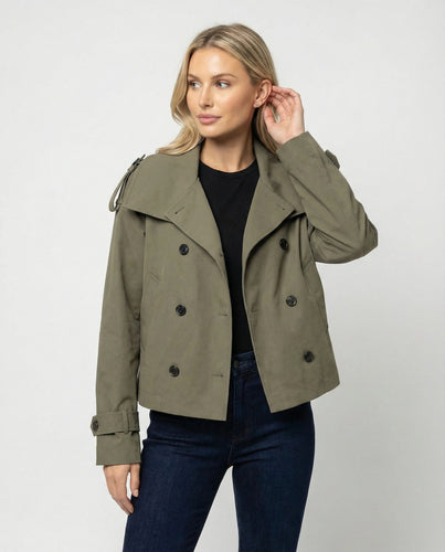 Damen Herrenmode kurze doppelt geknöpfte Trenchjacke mit Taillengürtel weitem Kragen und Schulterklappen EB
