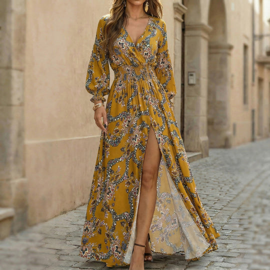 Damen nan fließendes Maxikleid mit Wickeloberteil, geraffter Smoktaillenpartie und hoher Beinschlitz EB