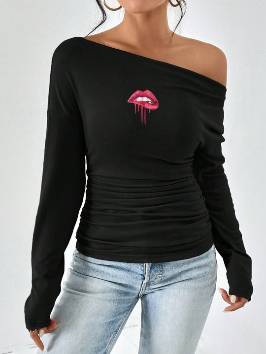 Damen Off-Shoulder Langarmshirt mit Raffung EB
