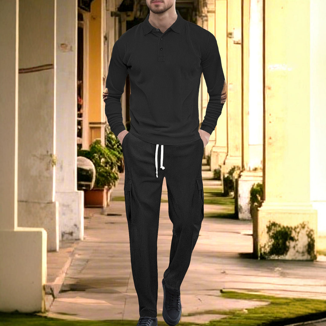 Herren nan geripptes Lounge-Set mit Polokragen Ellenbogenpatches und Cargohose EB