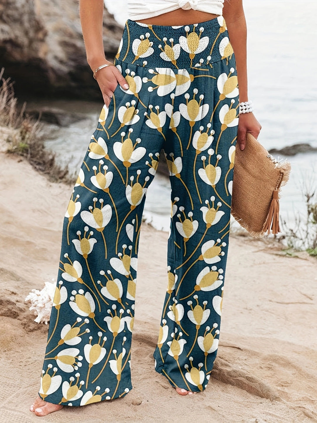 Damen Weit geschnittene Strandhose mit floralem Motiven und elastischem Bund EB