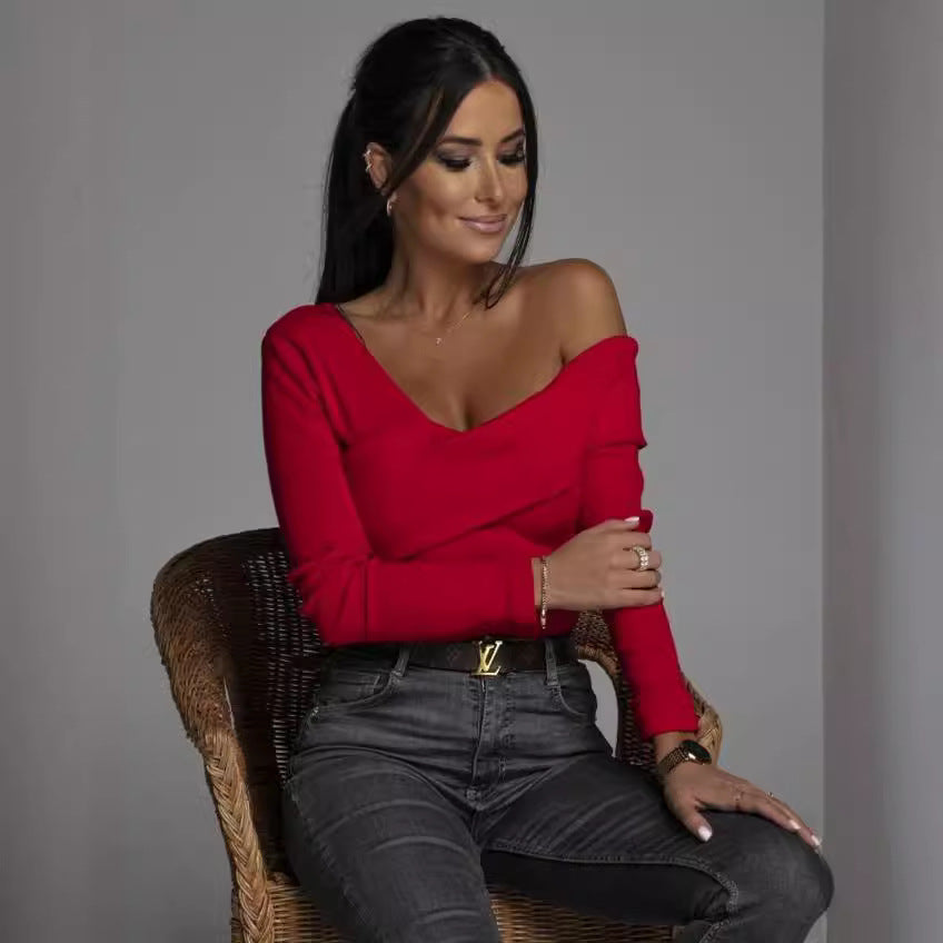 Damen Off-Shoulder Langarmshirt mit dekorativem Wickeldetail EB