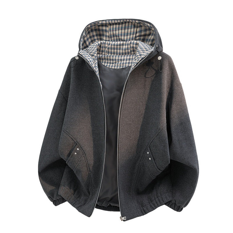 Damen oversized Fleecejacke mit Kapuze und karierter Innenfütterung EB