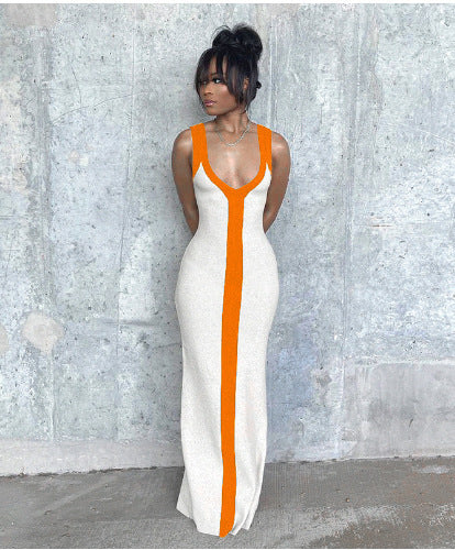 Damen elegantes Maxikleid mit tiefem V-Ausschnitt und kontrastierendem Streifen EB
