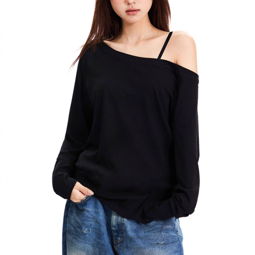 Damen nan asymmetrisches Off-Shoulder Langarmshirt aus Baumwollstretch mit lässigem Oversize-Schnitt EB