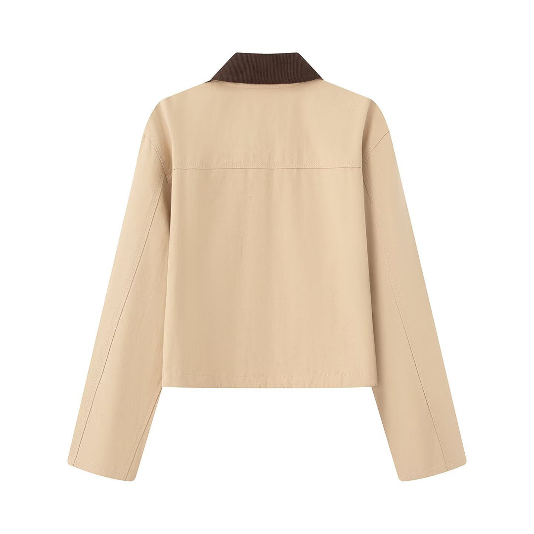 Damen lässige Jacke mit kontrastierendem Kragen und praktischen Taschen EB