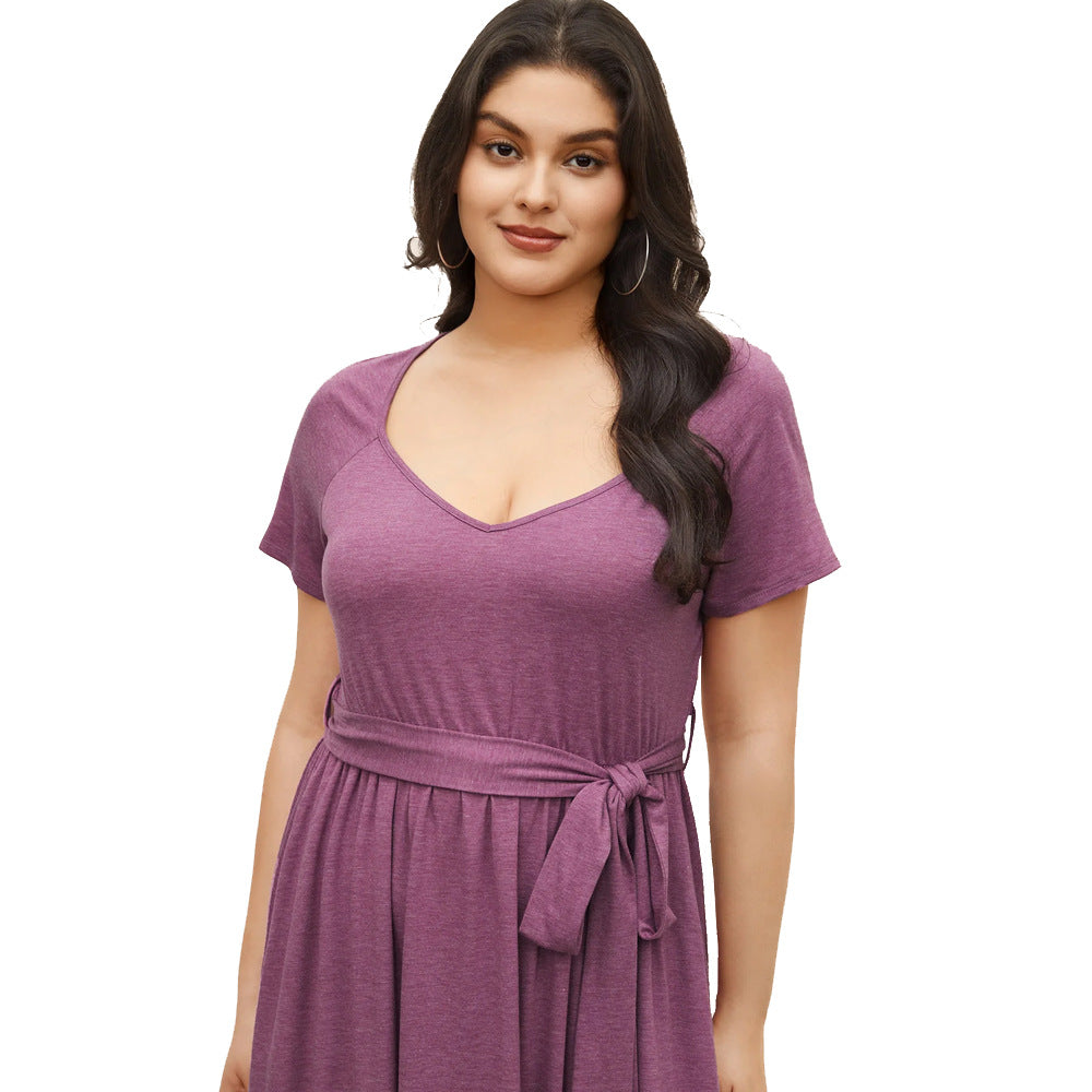 Damen lässiges Maxikleid mit Taillengürtel und V-Ausschnitt EB