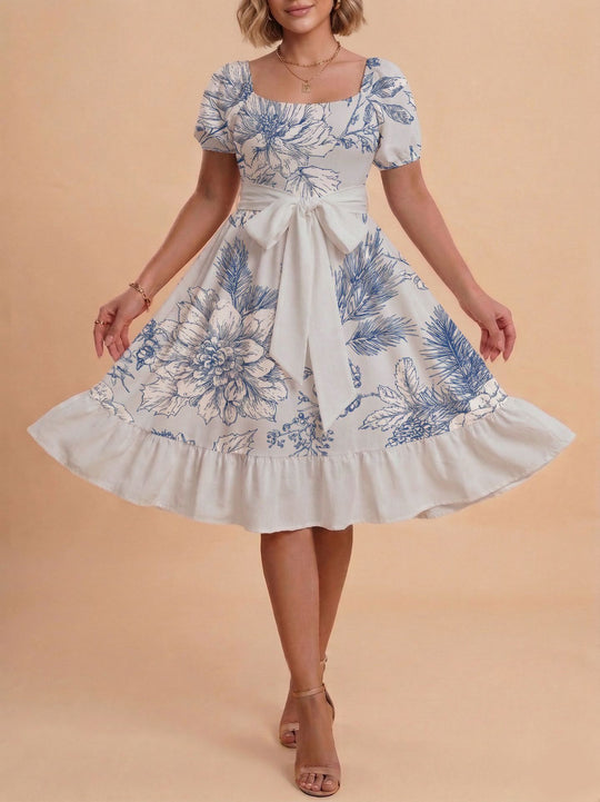 Damen Retro Maxikleid mit Puffärmeln und Taillengürtel EB