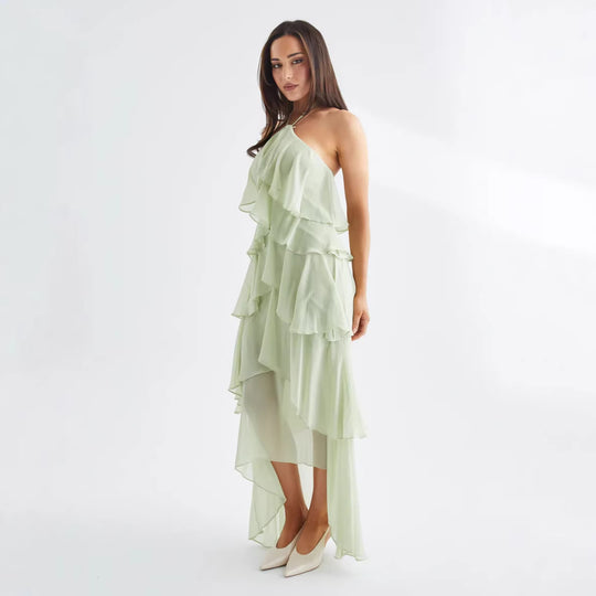 Damen Luftiges Chiffon-Maxikleid mit Rüschendetails und elegantem Halterneck EB