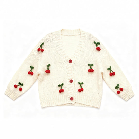 Damen Strickjacke mit fröhlichem Kirschdesign und praktischen Knopfdetails EB